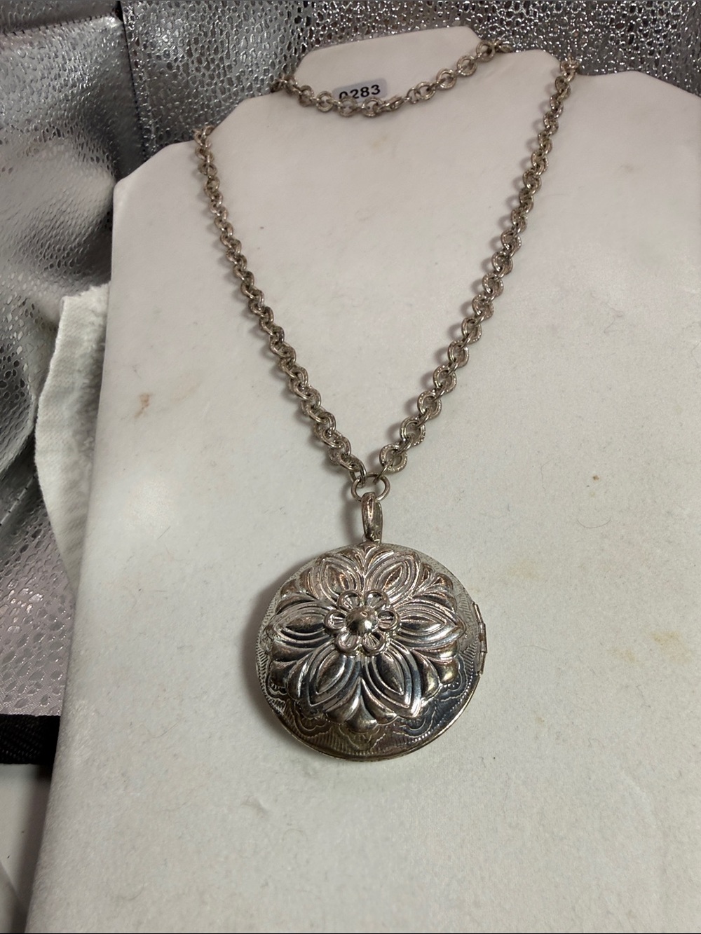 Silver-toned Floral Medallion Locket  Pendant Necklace